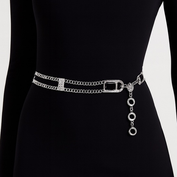 NEW St. John Swarovski Halo Crystal Chain Belt Black Stones Emerald Cut Silver main image 12